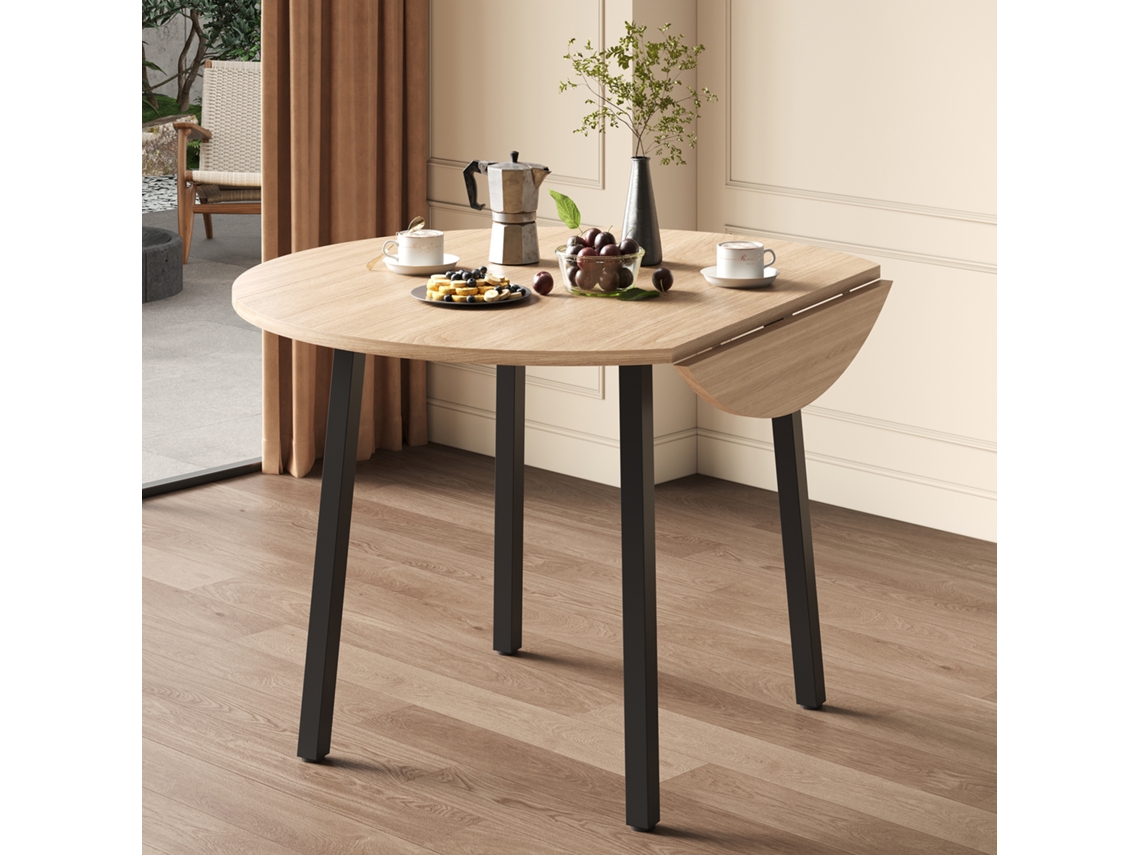Mesa De Jantar Dobrável, 100x100cm, Redonda, Para 2 A 4 Pessoas, Pés De Metal, Tampo Articulado, Ideal Para Apartamentos Pequenos, Cor Carvalho.