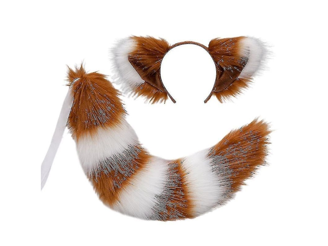 Conjunto De Orelhas E Cauda De Animal Peludo Raposa Lobo Raccoon Gato Para Fantasias Halloween Natal Camel Branco