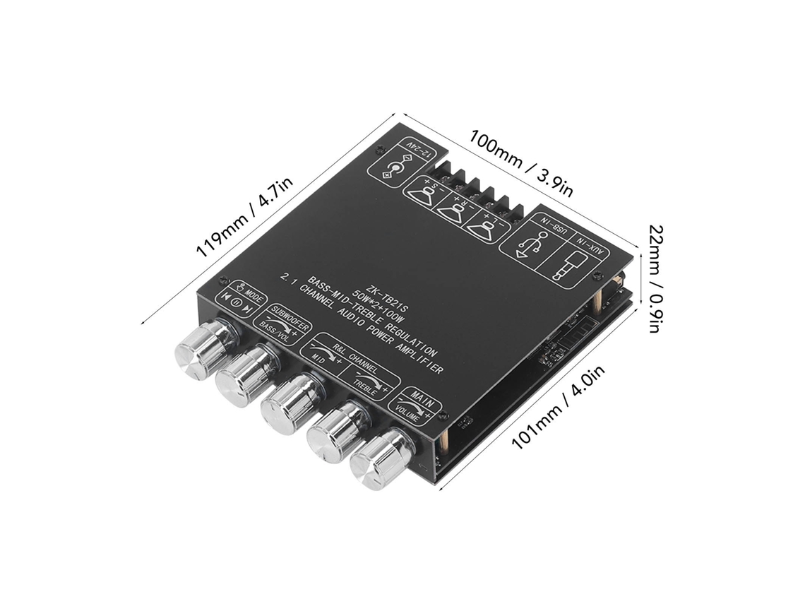 Placa amplificadora Bluetooth de 2.1 canais 50W 50W 100W com controle de graves e agudos (12V-24V)