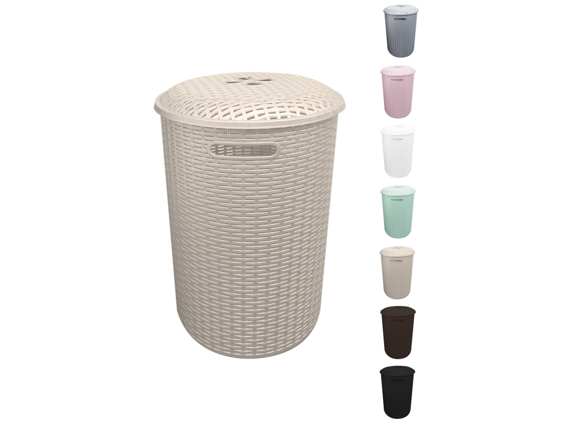 Cesto De Ropa Redondo, Capacidad 51 Litros, Diseño Rattan, Robusto Y Fácil De Limpiar, Ideal Para Dormitorios Y Baños Crema 51 Litros