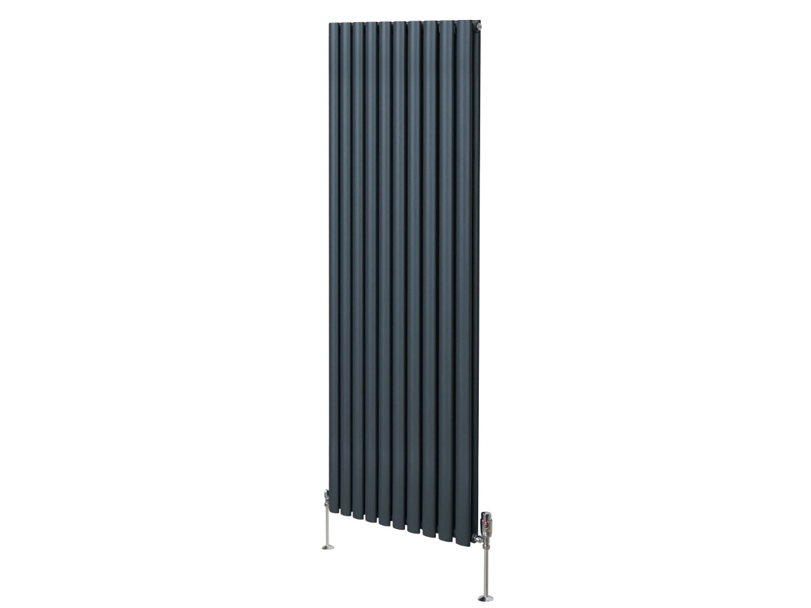 Radiador Vertical Oval Em Aço Carbono Antracite 1800x600mm Com Potência 8026 Btu E Conjunto De Válvulas Termostáticas