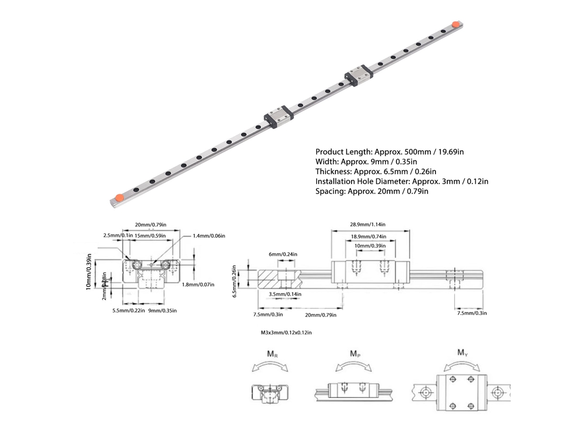 Guia Linear Mgn9 De 500mm Aço Precisão Com Bloco