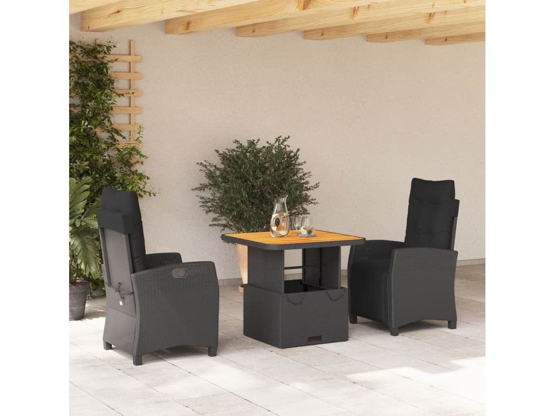 Vidaxl 3 Pcs Conjunto de Jantar P/ Jardim C/ Almofadões Vime Pe Preto