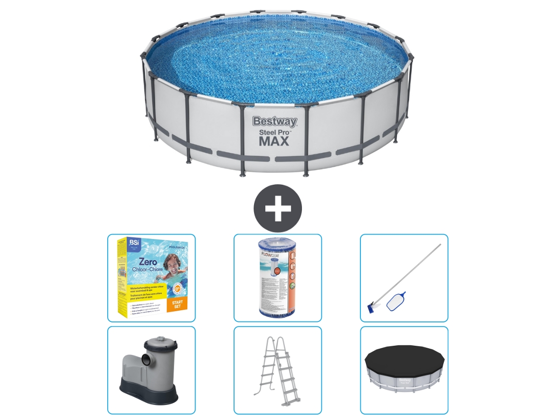 Piscina BESTWAY Round Steel Pro Max 488 X 122 Cm Cinza Incluindo Bomba Escada Cobertura Pacote de Manutenção Filtro Kit de Limpeza