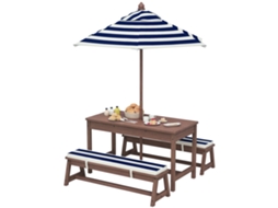 Conjunto de móveis de jardim com almofadas e guarda-sol, listras marinho e branco azul
