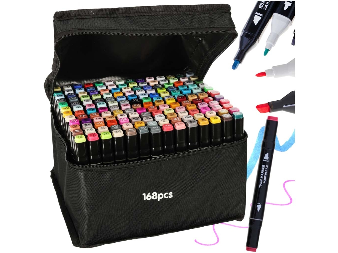 Conjunto de 168 Canetas Texto com Estojo Multicoloridas de Ponta Dupla AQUAFORGE