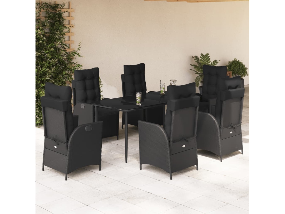 Conjunto 7 Peças Jantar P/ Jardim C/ Almofadões Vime Pe Preto Dkd Home Decor