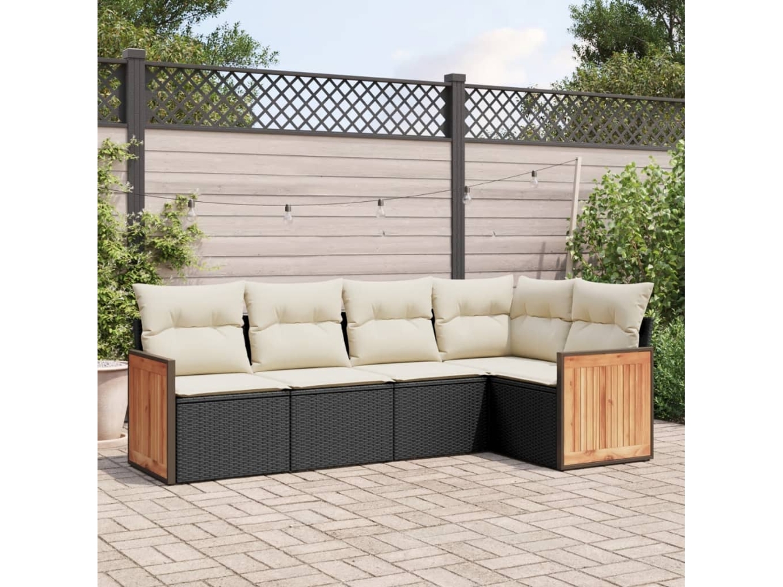 Vidaxl 5 Pcs Conjunto Sofás De Jardim Com Almofadões Vime Pe Preto