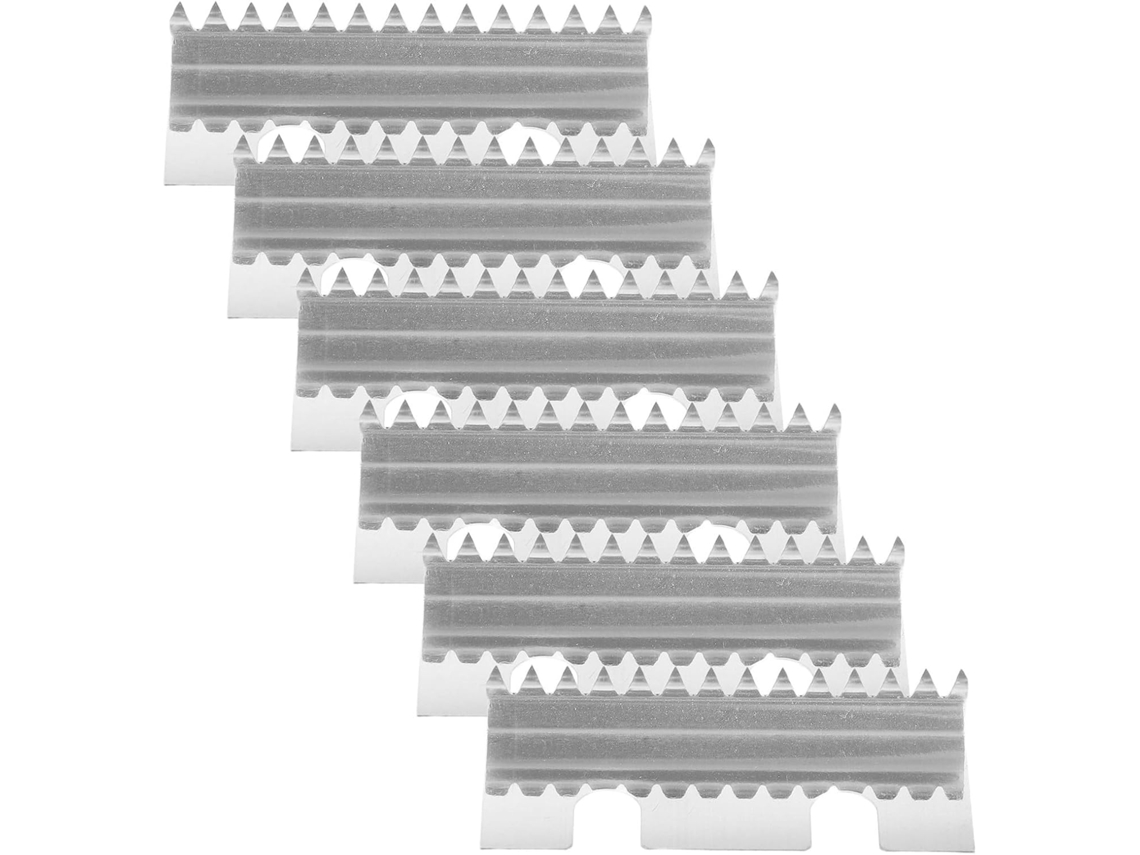 Conjunto de 6 lâminas de aço inoxidável, fáceis de guardar, com lâmina de corte e dentes serrilhados, ideais para cortar alimentos.