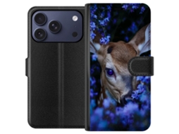 Capa Carteira Compatível Com Apple Iphone 17 Pro. Close-up De Um Cervo Rodeado Por Flores Azuis, Um Tema Natural Onírico Com Cores Suaves E Animais.