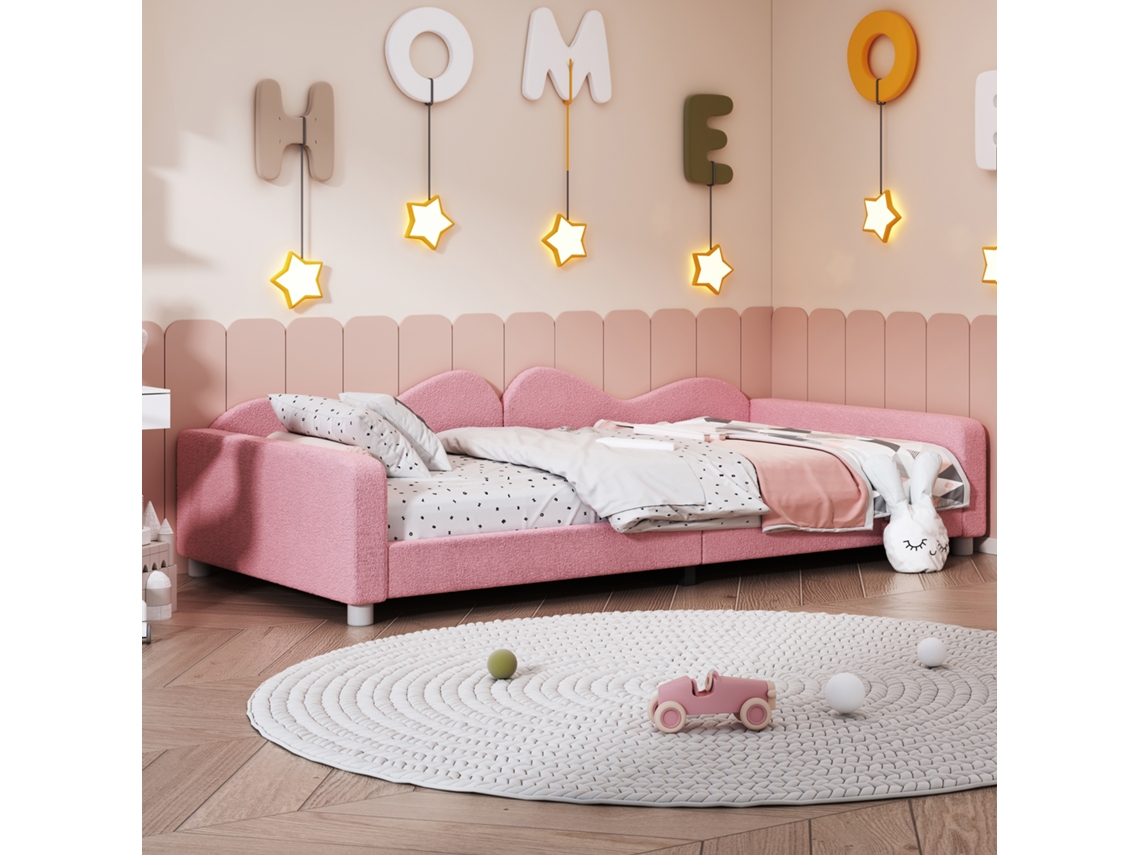 Cama Infantil 90x200cm Conversível em Sofá, Braços, Encosto, Estrado Incluso, Cap. 120kg, Sem Colchão, Rosa Teddy KOMHTOM