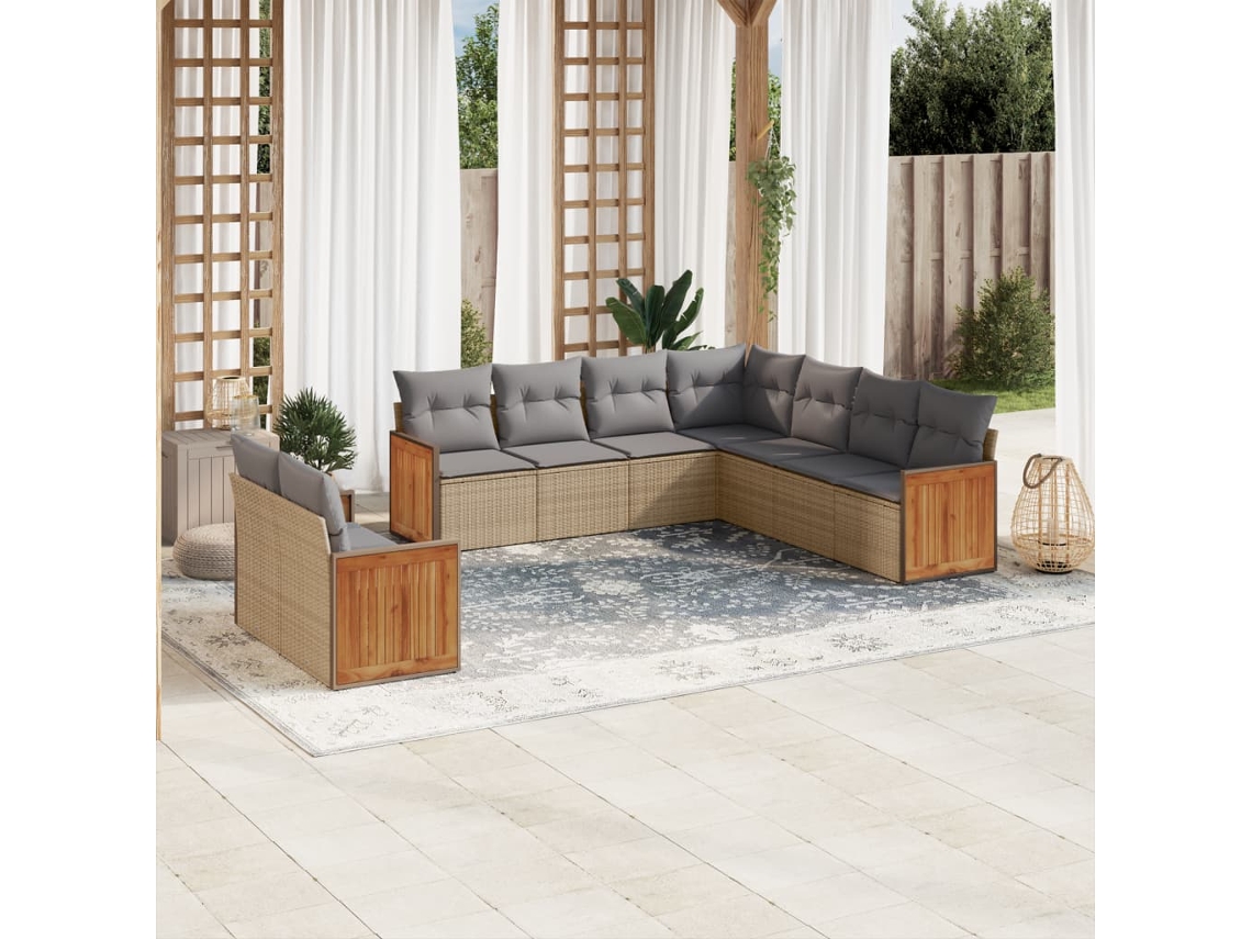 Vidaxl 9 Pcs Conjunto De Sofás P/ Jardim Com Almofadões Vime Pe Bege