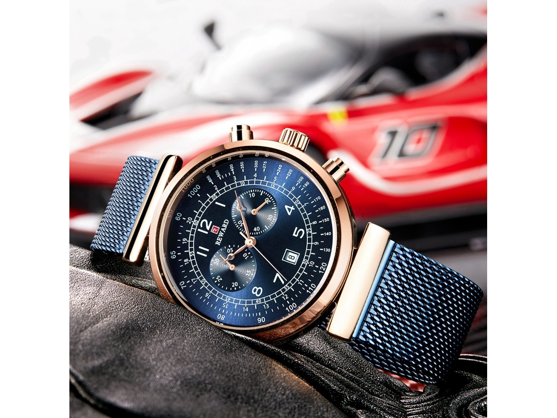 Relógio masculino de quartzo com pulseira de malha de aço, estilo casual de negócios (rosa + azul)