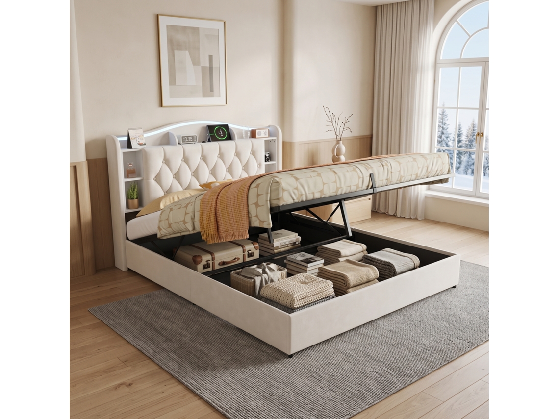 Cama Estofada 160x190 Cm Com Cabeceira Com Arrumação E Carregamento Usb, Led Com Comando, Cama Hidráulica Em Veludo, Bege