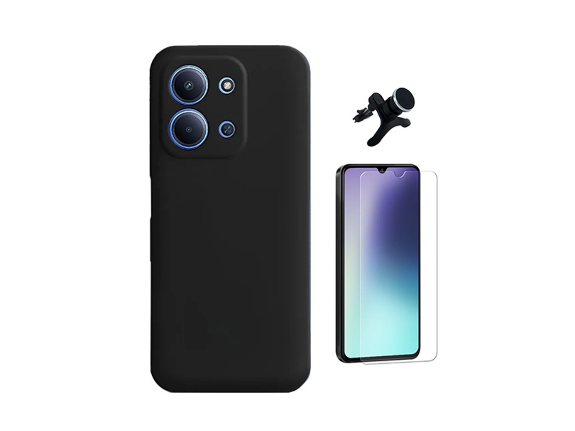 Kit Vidro Clearglass Capa Silicone Líquido Suporte Reforçado Phonecare Para Xiaomi Poco C85 - Preto
