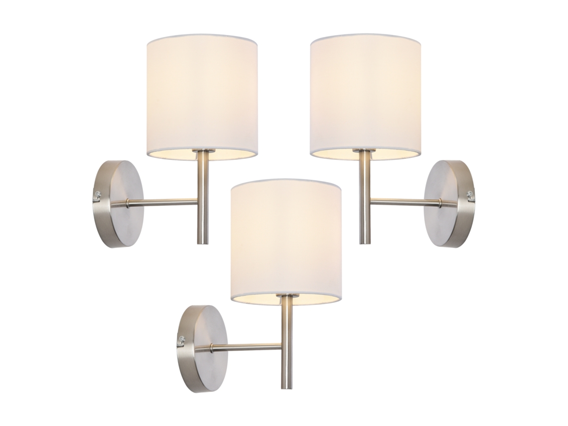 3 Candeeiros de Parede Winsford 1X E14 Metal-Têxtil 27X21Cm Prata/Branco LUX.PRO