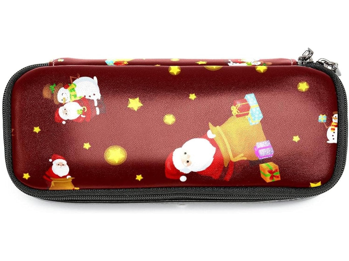 Este é um Feliz Natal, com estampa do Papai Noel, amplo espaço para presentes e organização de maquiagem, ideal para a escola.