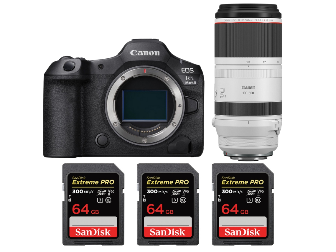 Eos R5 Mark Ii + Rf 100 500mm F/4.5 7.1 L Is Usm + 3 Sandisk 64gb Uhs ii 300mb/s + Ebook “20 Dicas para Fotos Que Impressionam” CANON