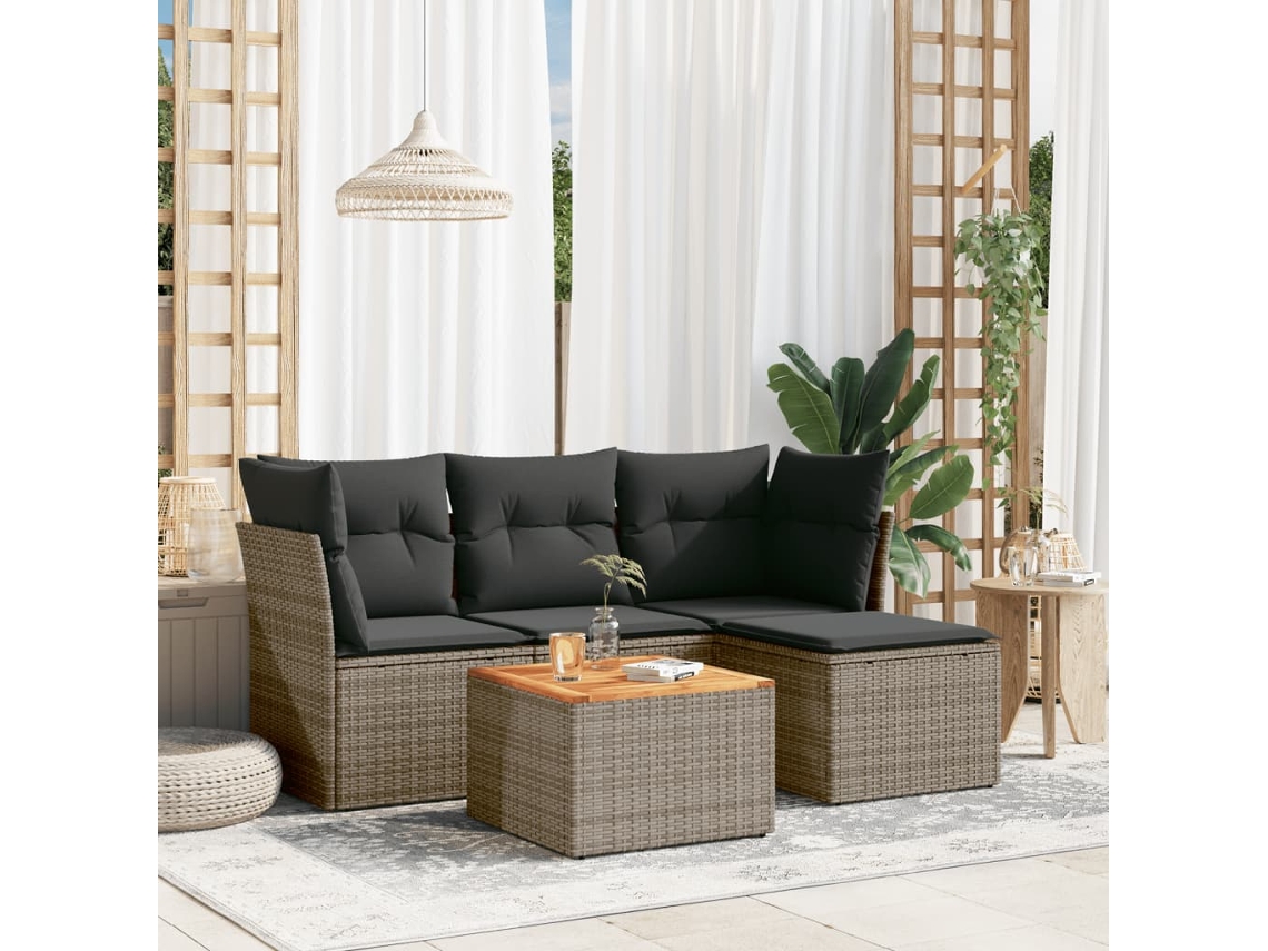Vidaxl 5 Pcs Conjunto Sofás De Jardim C/ Almofadões Vime Pe Cinzento