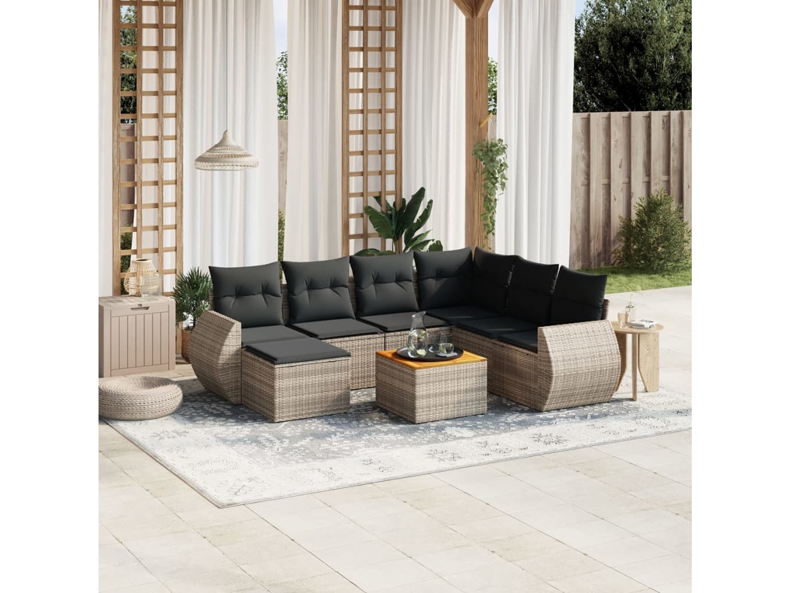 8 Pcs Conjunto Sofás De Jardim C/ Almofadões Vime Pe Cinza Dkd Home Decor