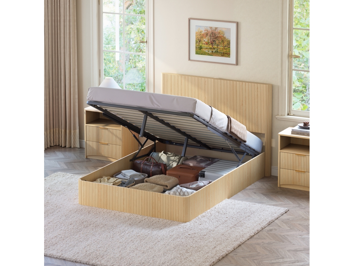Cama 140x200 C/ Ripas Caneladas, Elevação E Carvalho Claro