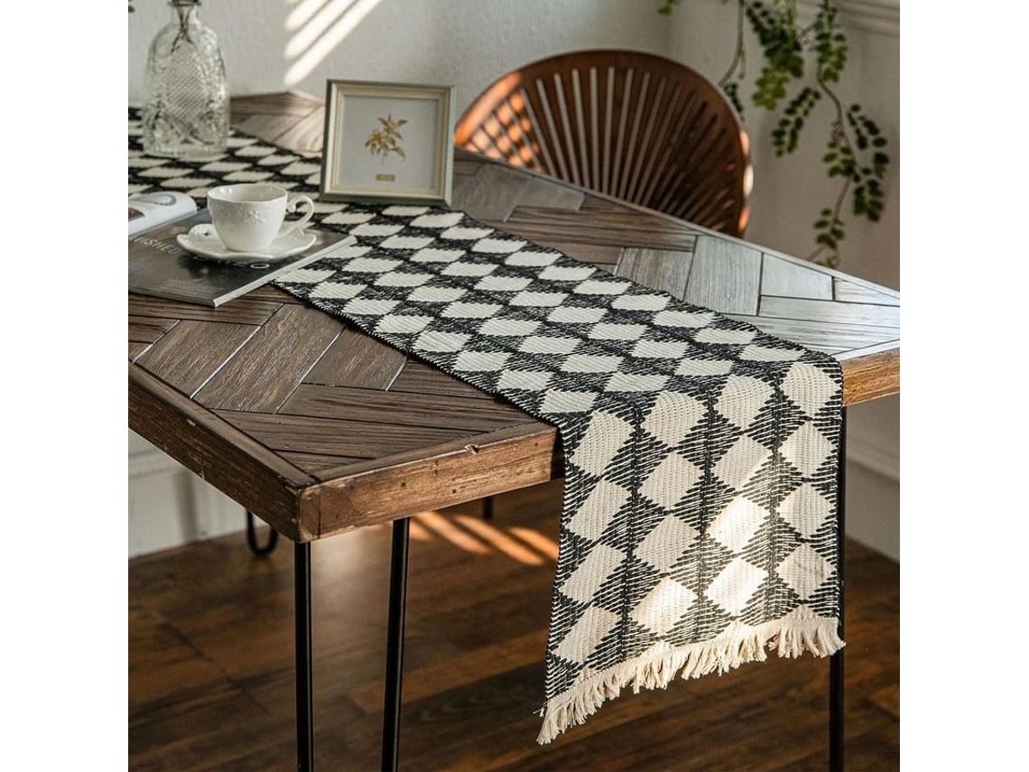 Caminho De Mesa Boho Com Tassel 13,7x71 Polegadas Decoração Mesa Xadrez Preto Branco