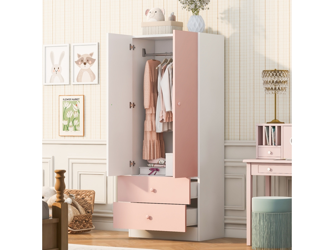 Roupeiro Modfu Em Madeira Rosa E Branco Com Varão E 2 Gavetas 70 X 40 X 170 Cm