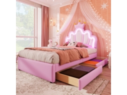 Cama Princesa VSOGA, 90x200 cm, em Couro Pu Rosa, Luzes Led, Gavetas, Cabeceira Ajustável