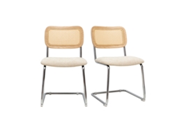 Sillas De Diseño En Tela Efecto Terciopelo Texturizado Beige, Metal Cromado Y Cannage De Ratán (pack De 2) Electra Miliboo