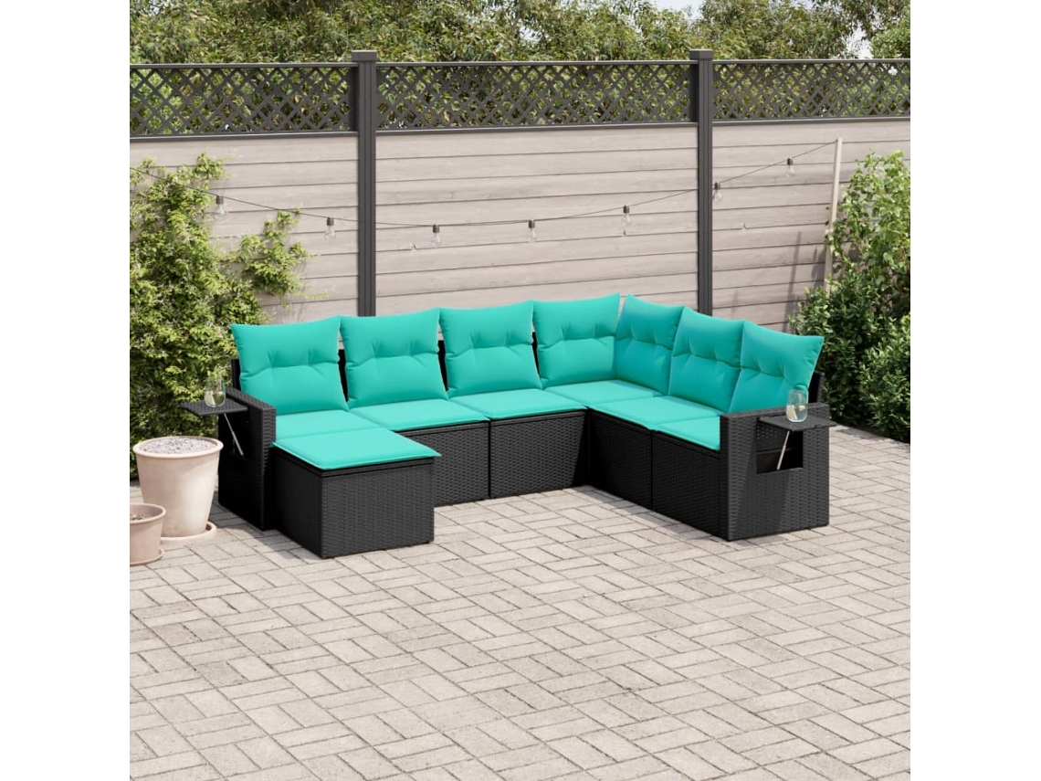 Vidaxl Conjunto De Sofá De Jardim Com 7 Peças E Almofadas Em Rattan Sintético Preto