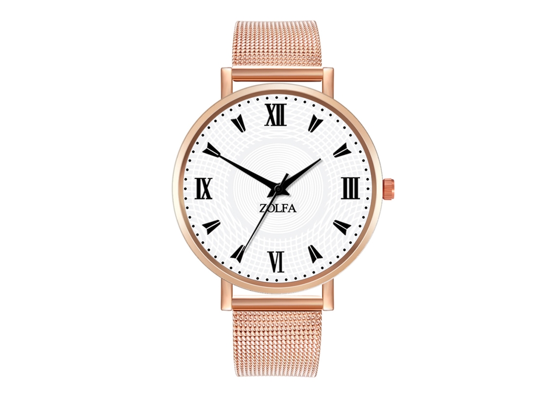 Relógio Quartz Feminino de Moda com Pulseira de Malha e Marcas Romanas (ouro Rosa)