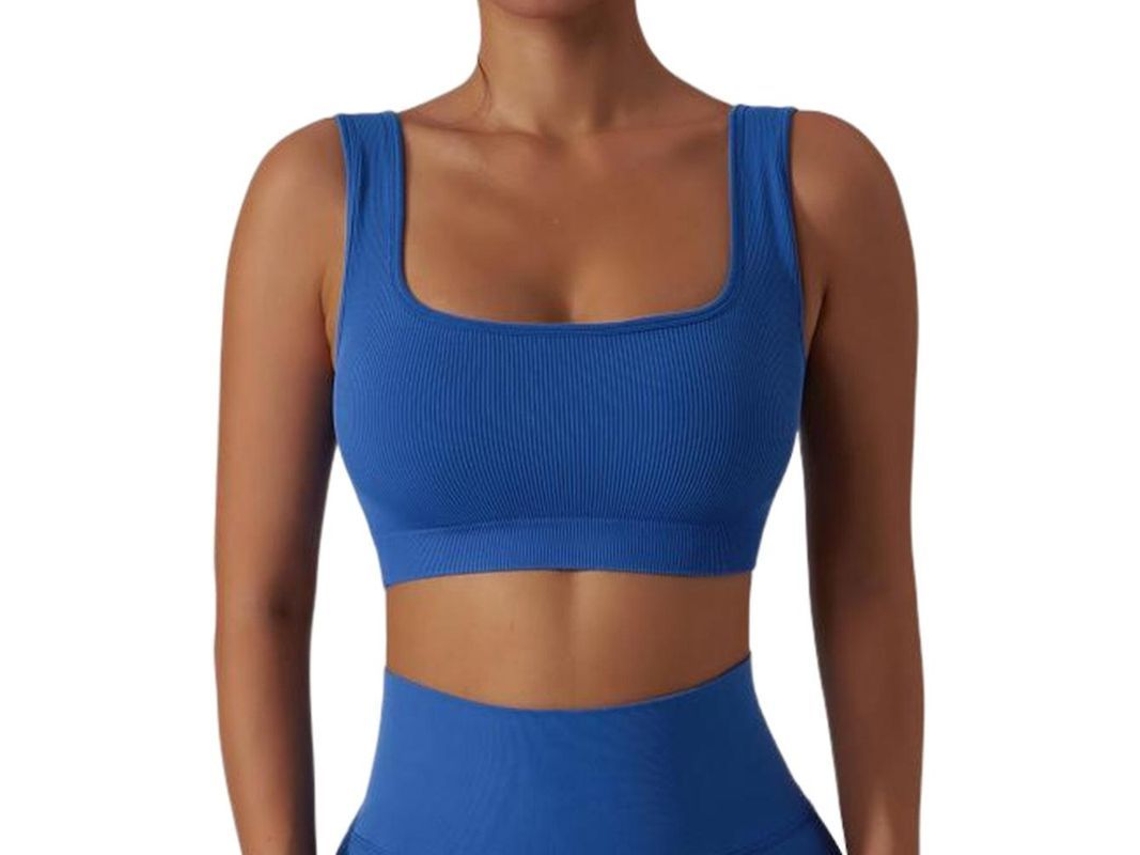 Top Ribbed Simples com Sutiã Esportivo Crop Tops para Mulheres Moda Casual e Ativa Azul
