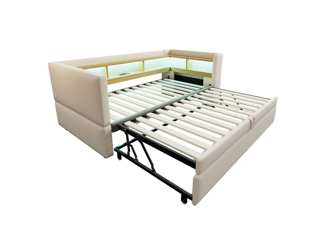 Sofá-cama Flanela 90/180x190 Armazenamento Led Tomada Cinza