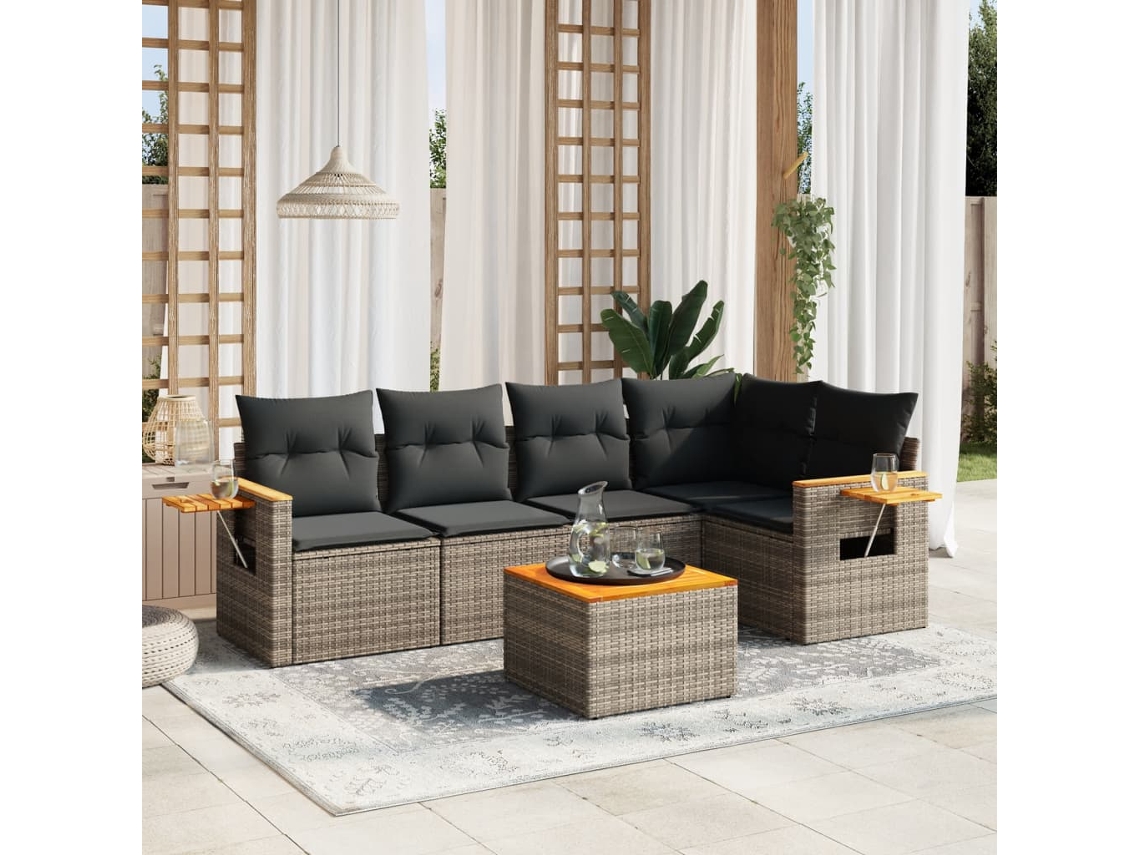 Vidaxl 6 Pcs Conjunto Sofás de Jardim com Almofadões Vime Cinzento