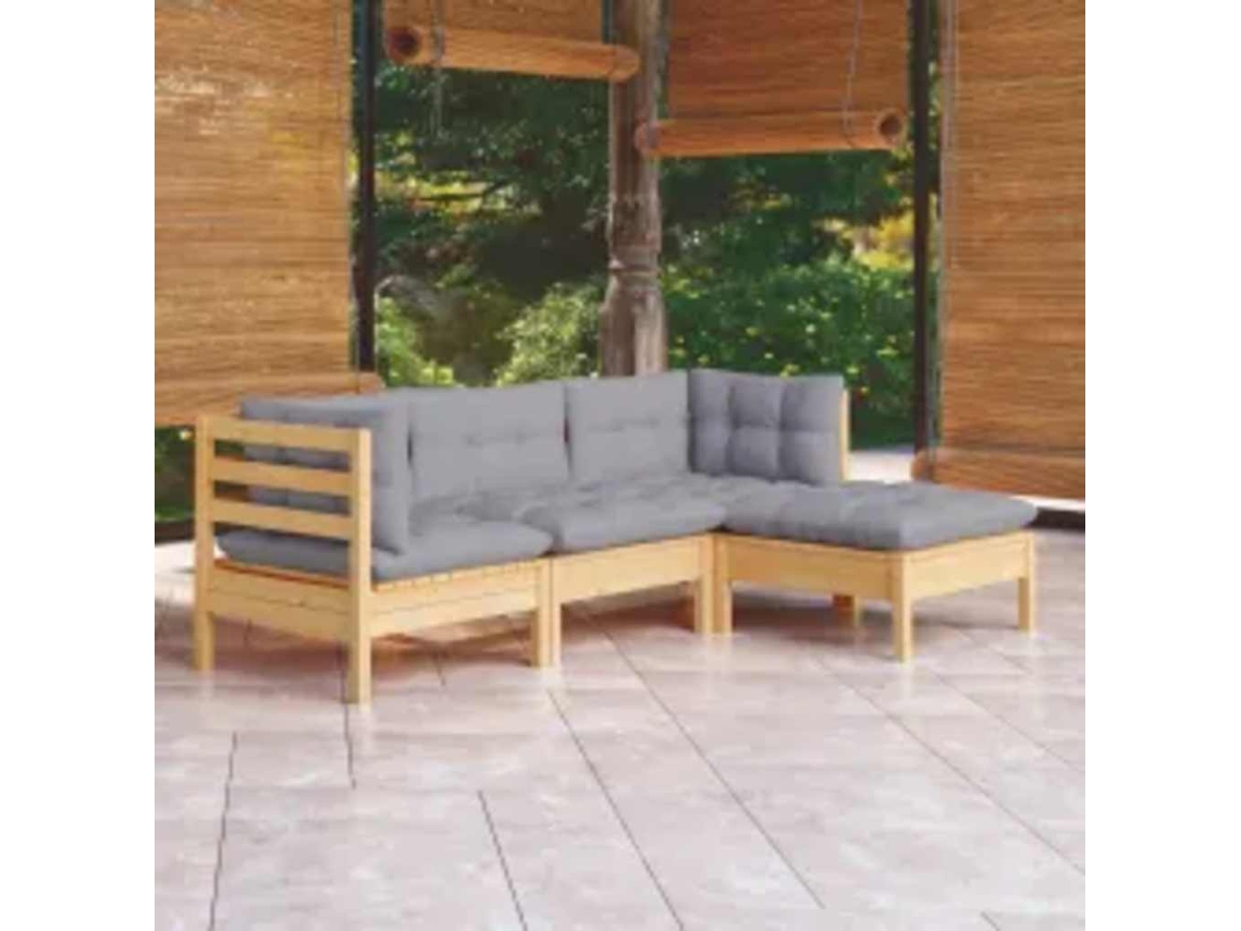 Vidaxl 4 Pcs Conjunto Lounge De Jardim C/ Almofadões Cinzentos Pinho