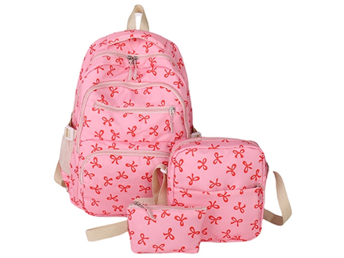 Conjunto Escolar 3 Peças, Feminina, Infantil, 3 Em 1 Com Laços E Bolinhas Com Mochila, Estojo E Lancheira, Cor Azul