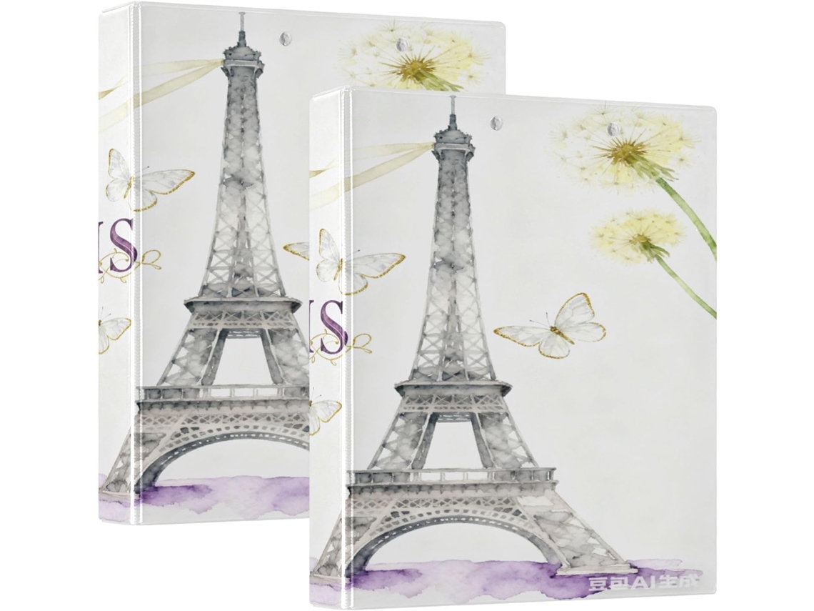 Pasta para Colar com Estampa da Torre Eiffel de Paris, Formato Borboleta, 3 Argolas, Camada com Bolsa, Pacote com 1 ou 2 Unidades