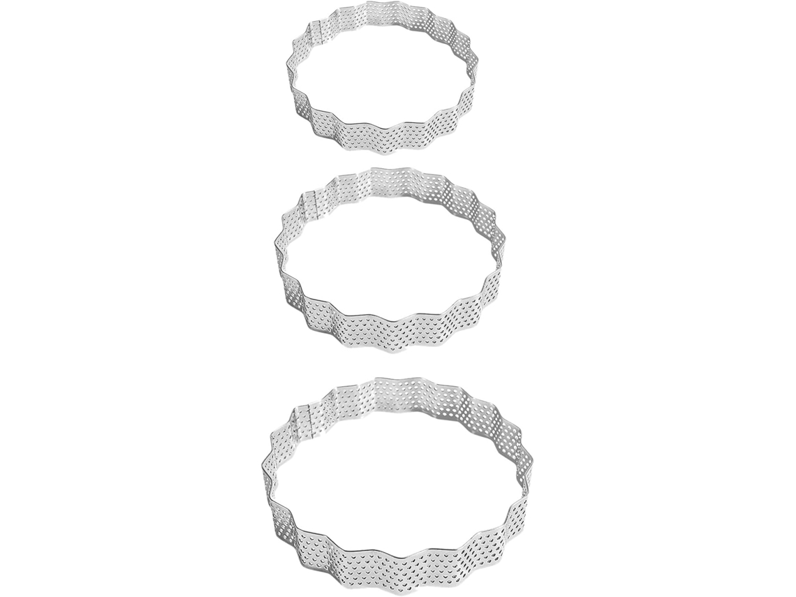 Conjunto de 3 anéis perfurados em aço inoxidável para mousses e bolos.