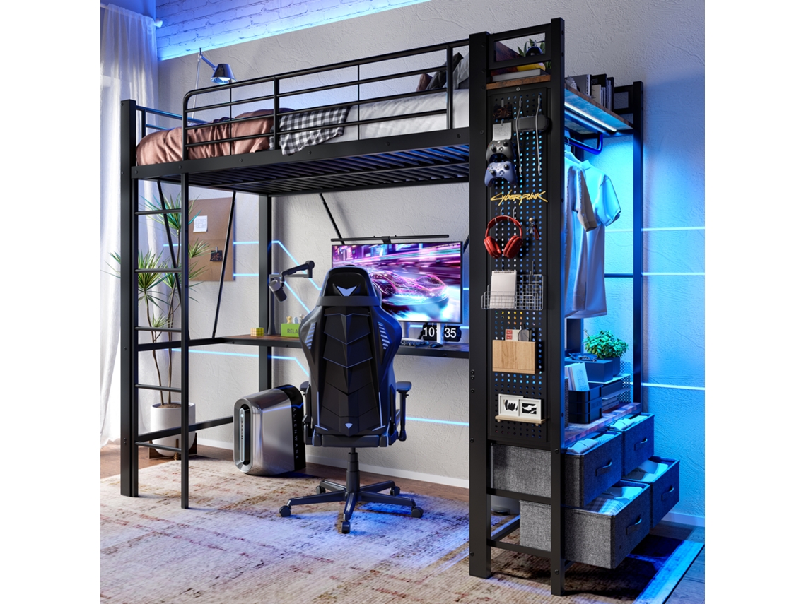 Cama Alta 90x200cm Preto Com Mesa, Gavetas, Usb, Type-c, Led, Escada E Prateleiras