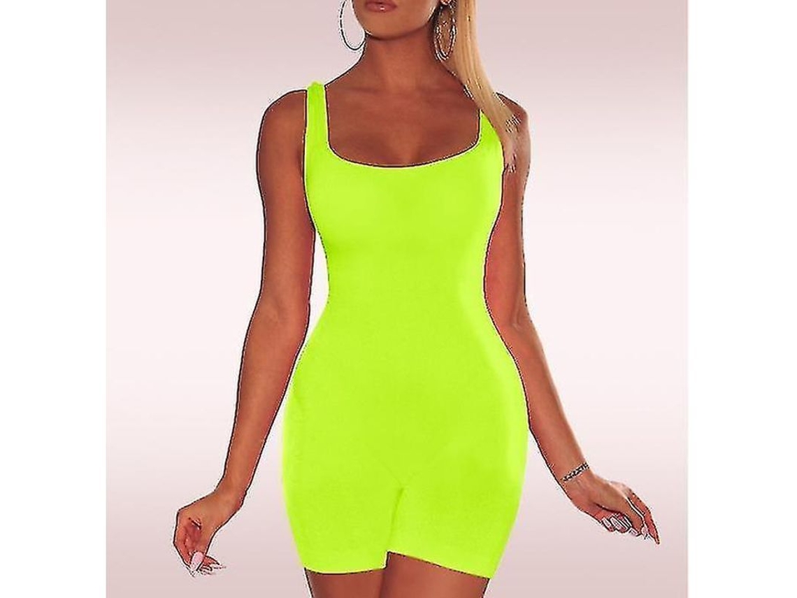 Macacão Slim de Pele Preta Bangniweigou Sem Mangas Calcinha Jumpsuit Unicolor Feminino Neón