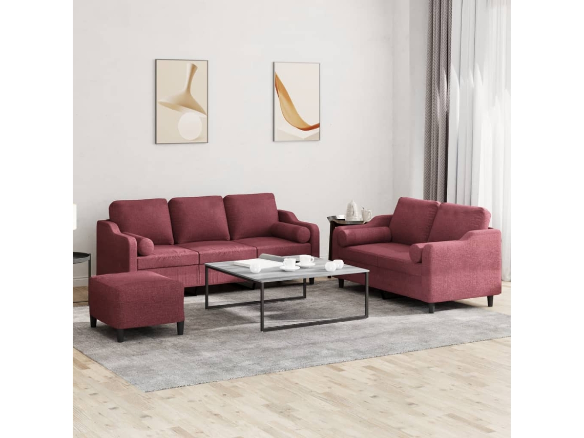 Vidaxl 3 Pcs Conjunto De Sofás Com Almofadas Tecido Vermelho-tinto