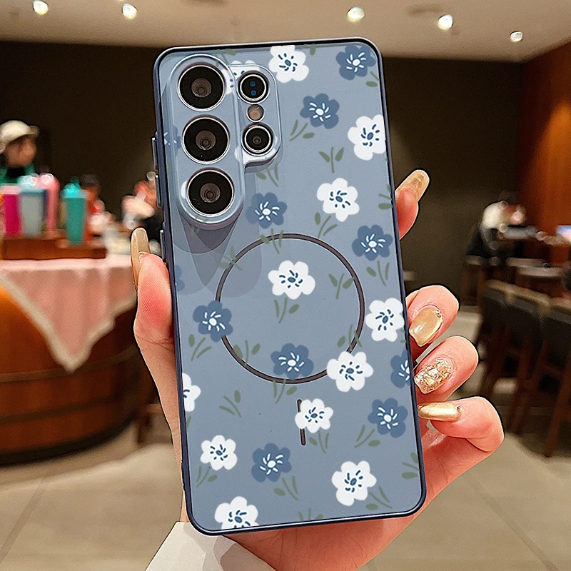 (azul) Capa Magnética Para Celular Samsung Galaxy S24 Com Estampa Floral Pequena