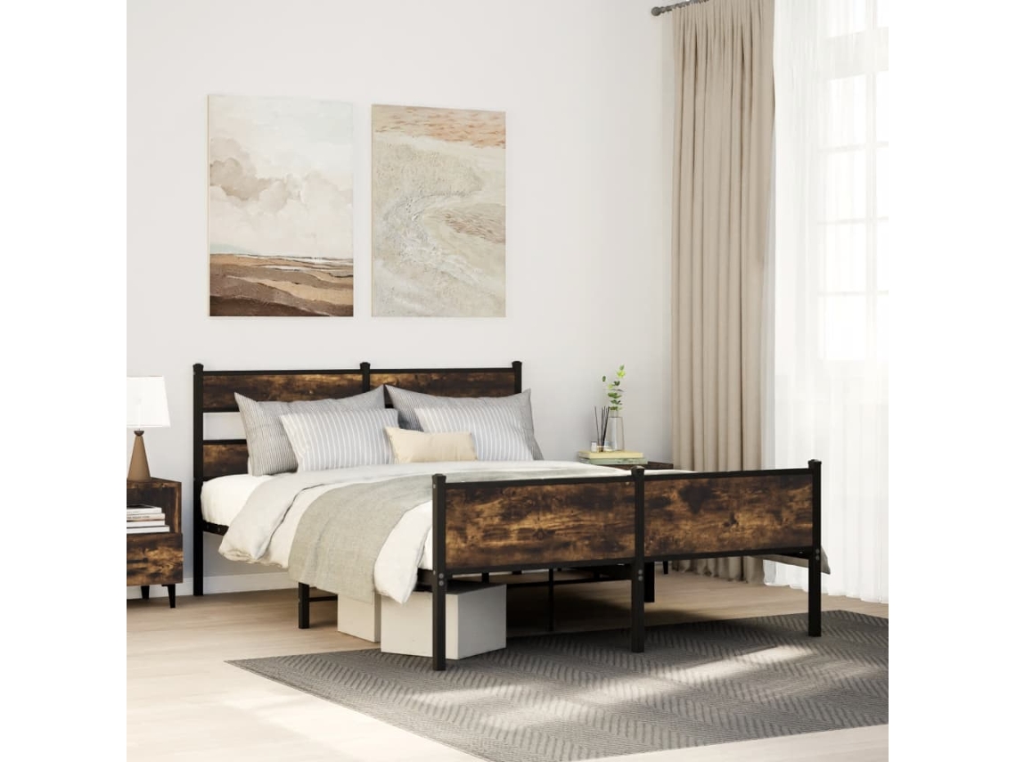 Vidaxl Estrutura De Cama Sem Colchão 160x200 Cm Metal Carvalho Fumado