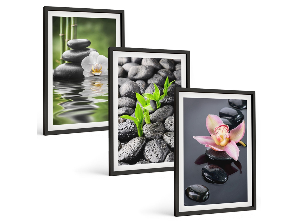 Conjunto De Pinturas Composição Zen Tranquila, Flores E Água Espelharte (3 Peças 40x60 Cm)