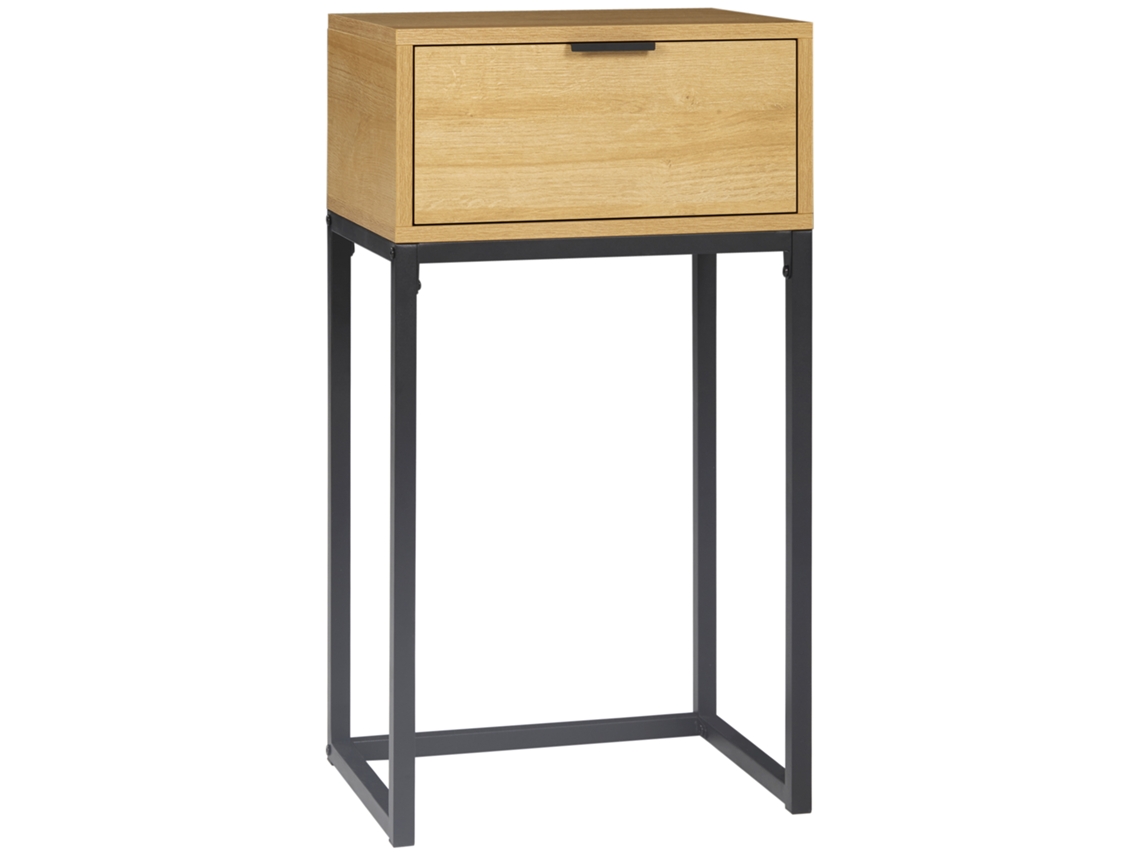 Mesa lateral moderna com gaveta, pernas de aço, 40x30x76 cm, natural | S/MARCA