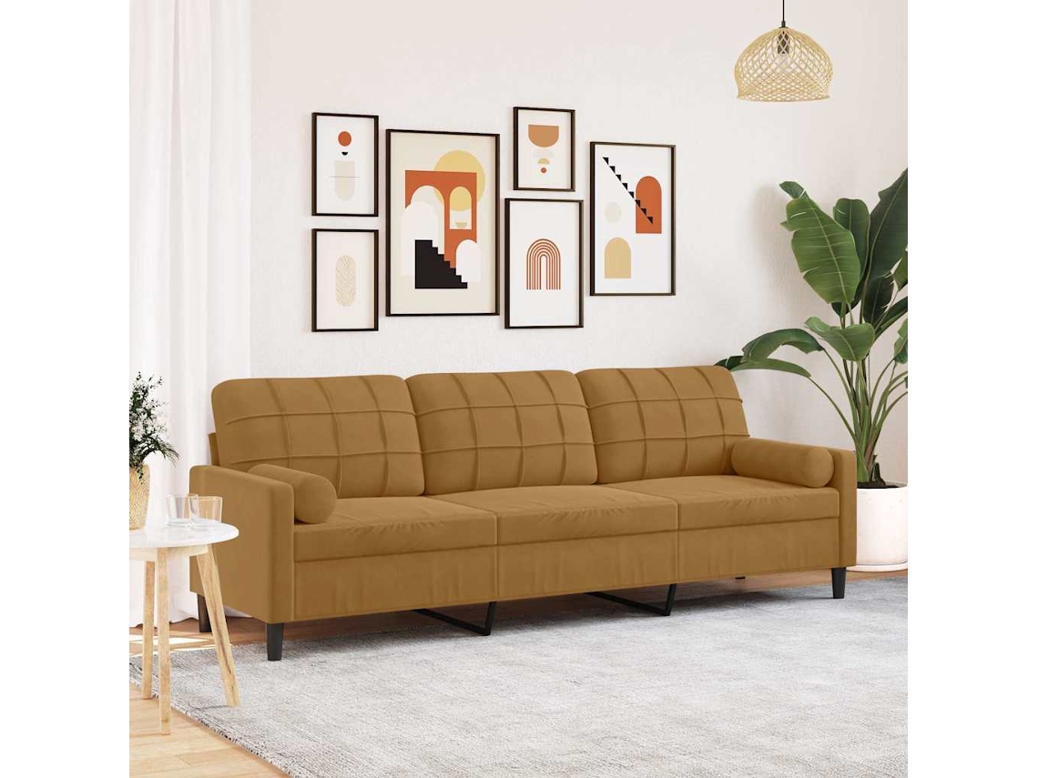 Vidaxl Sofá 3 Lugares C/ Almofadas Decorativas 210 Cm Veludo Castanho