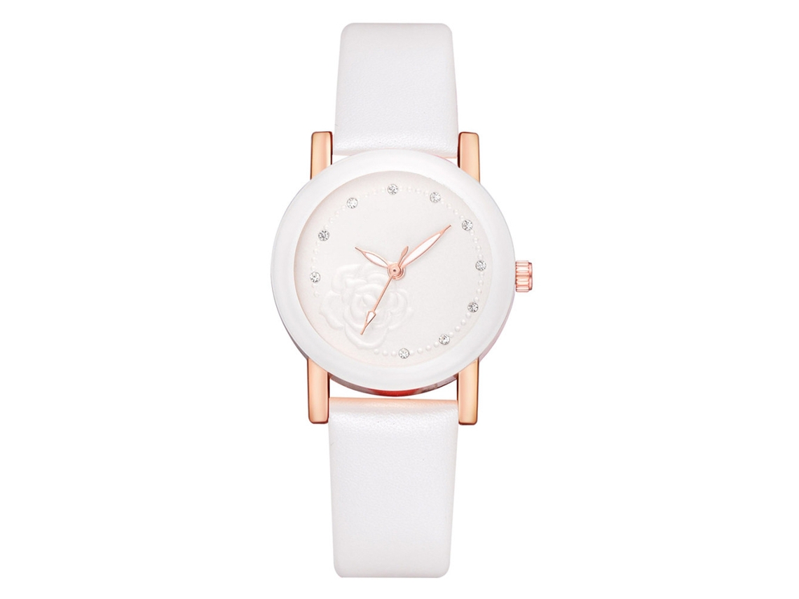 Relógio de Pulso Feminino de Quartzo com Strass e Padrão Floral Pulseira de Couro Pu Casual Redondo Branco
