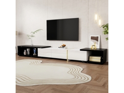 Móvel Para Tv Moderno Com Comprimento Ajustável (140-260cm),base Giratória,acabamento Mármore Preto E Branco Brilhante/fosco Com Detalhes Dourados