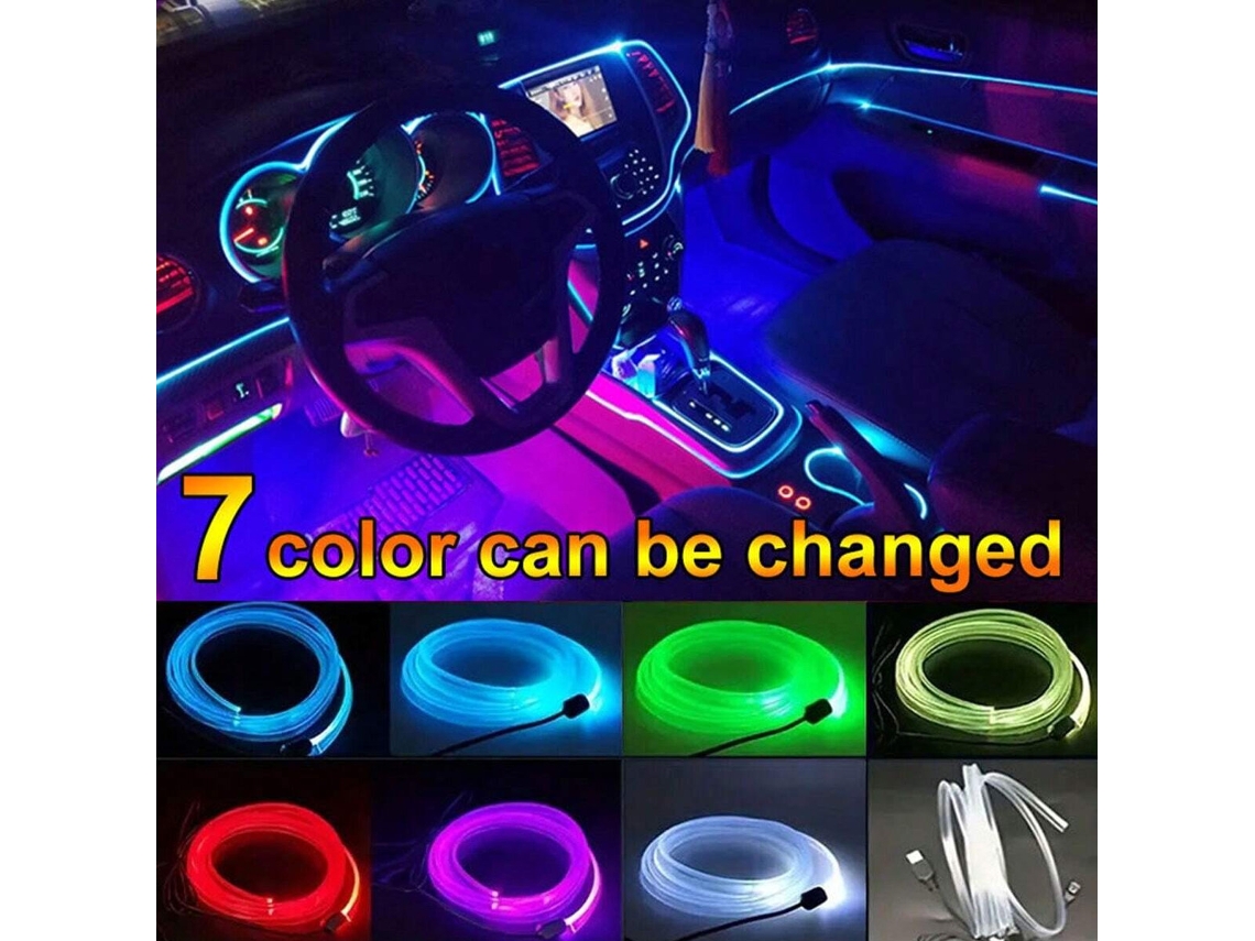 Luminária LED flexível para decoração interior de carros, 3m-3/5m, com 7 condutores intercambiáveis, alimentada por USB, compatível com a maioria dos carros.