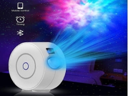 Projetor a laser infantil Lurelia em formato de lua com controle remoto, temporizador, RGB e projeção para quarto infantil.